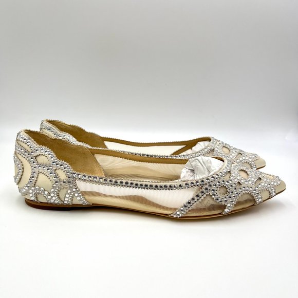 Badgley Mischka BHLDN Size‎ 11 Gigi Pointed Toe Jeweled Ivory Ballet Flats Shoes - Picture 3 of 15